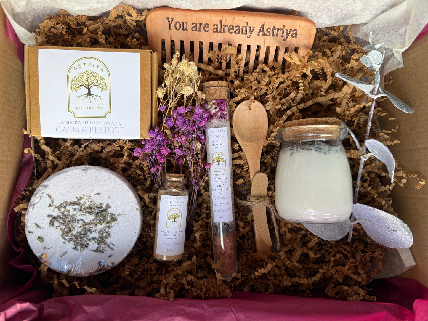 Calm & Restore Spa Gift Box | Eucalyptus Vanilla Soy Candle & Lavender Soap | Relaxation Gift Set