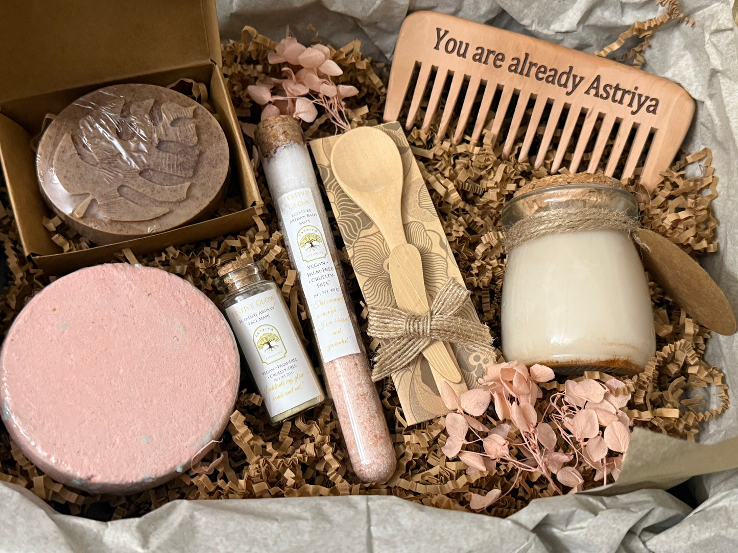 Holiday Spa Gift Set | Festive Glow Wellness Box with Sandalwood Cinnamon Candle | Christmas Self-Care Gift |